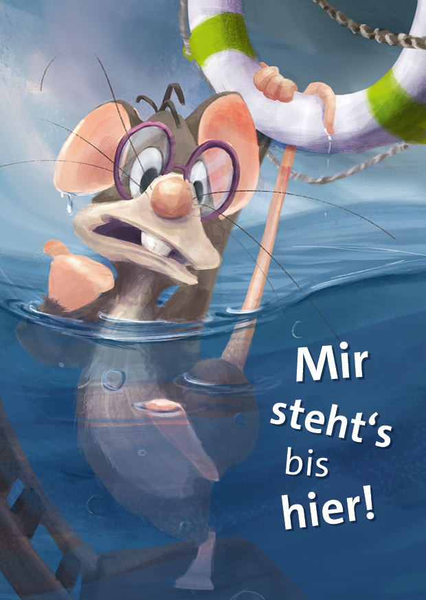 Ratte „Fred“, die sich an einen Rettungsring krallt, während ihr das Wasser bis zum Hals steht.